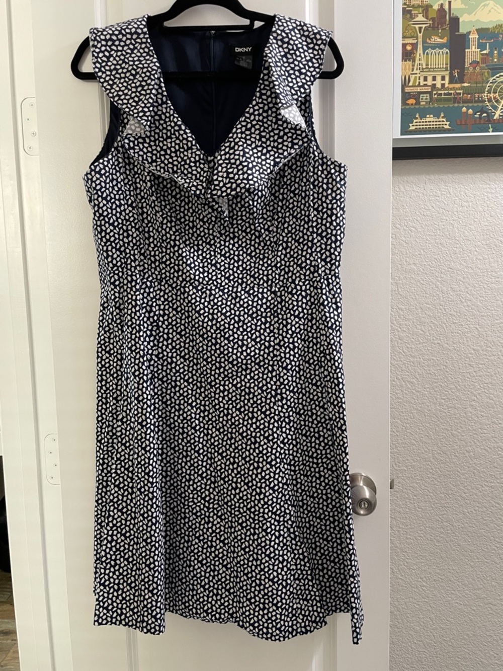 DKNY Navy and White Ruffle-Trim Sleeveless Midi Dress